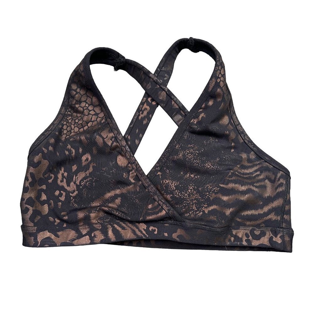 Noli Gold Black Animal Print Metallic V-Neck Sports Bra Women's Size Large